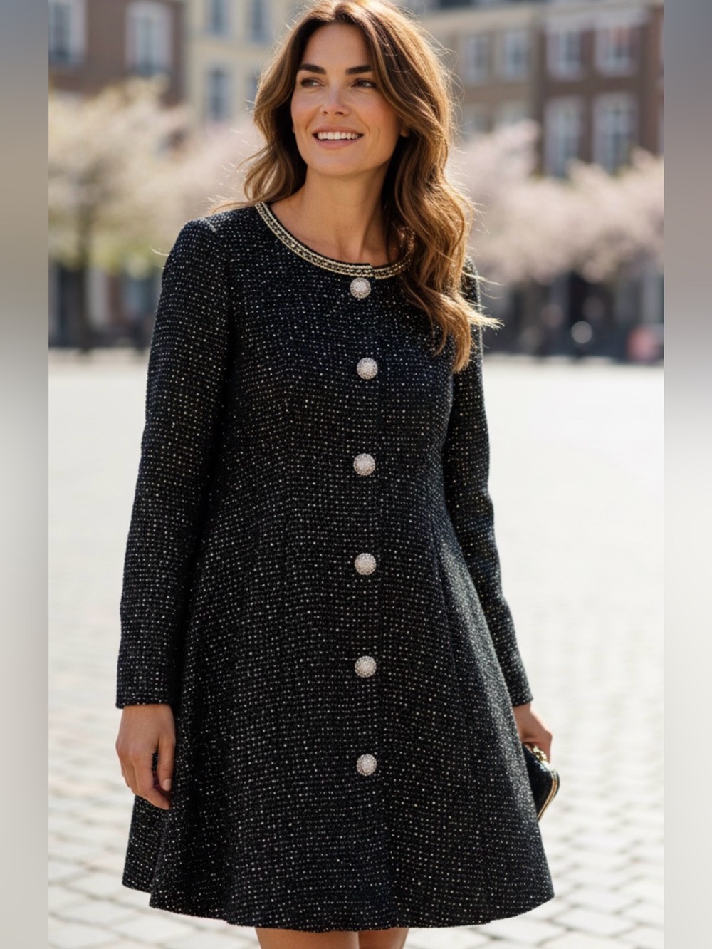 Elegant Black Tweed Button-Front Dress Ptp 17 length 19